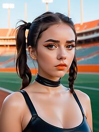 A 24 year old woman with pigtails and grey eyes performs in a stadium at dawn