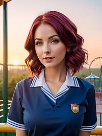 A 33 year old woman with burgundy and blonde hair stands near a roller coaster at sunrise in her blue school uniform