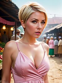 A 36 year old woman in a pink backless dress at a vibrant outdoor village market in the morning sunlight